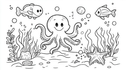 Fototapeta premium A friendly octopus interacts with colorful fish and sea life in a fun underwater scene designed for young children to color