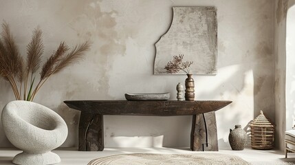 Boho Home Decor: Modern Console Table Featuring Artistic Decor Elements for a Balanced and Aesthetically Pleasing Interior