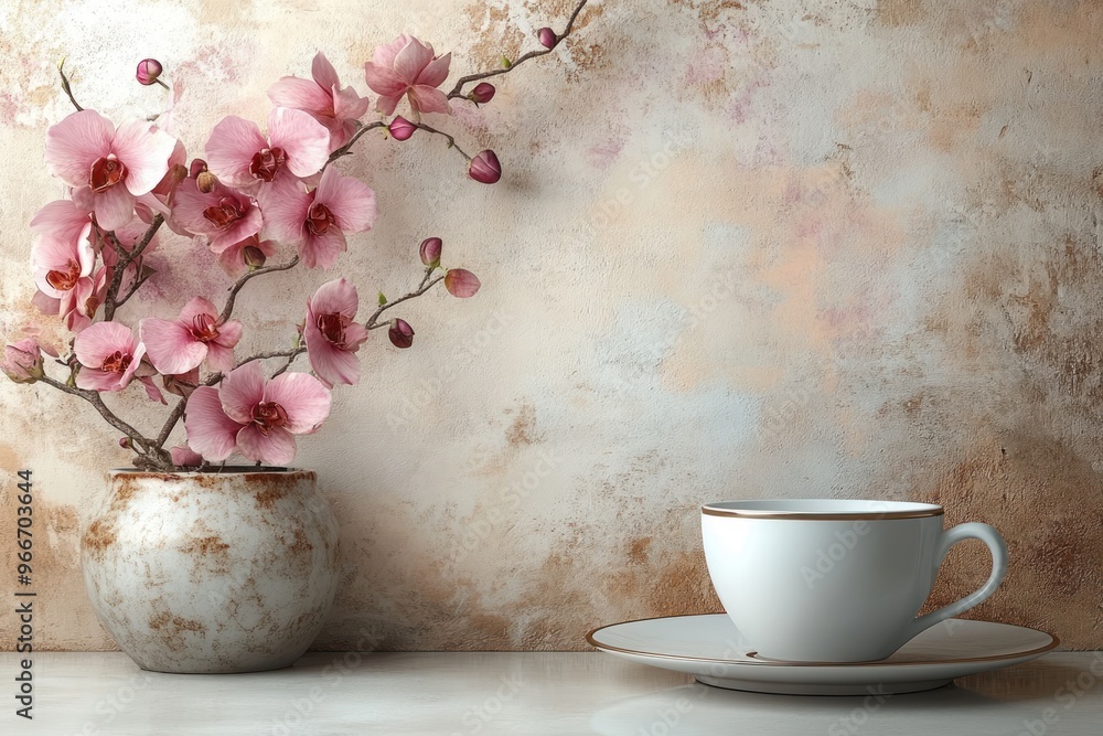 Wall mural Pink Orchid and White Coffee Cup on a Rustic Background