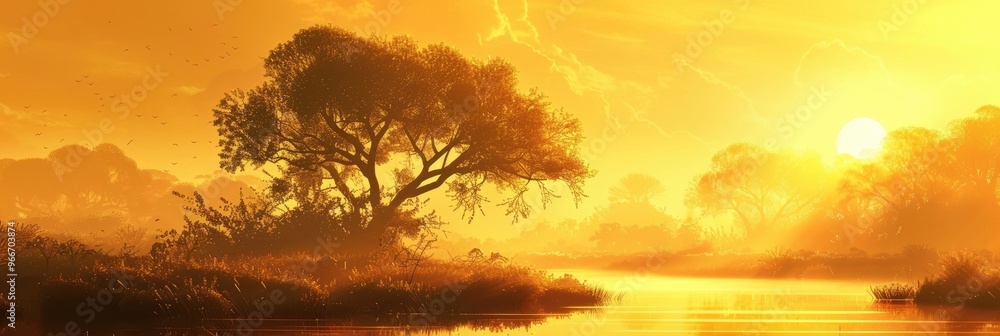 Poster Golden Hour Scene Featuring Tree Silhouettes and Sunrise Sky