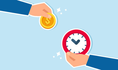 Two businessman hands, one holding a coin and the other a wall clock, illustration of time is money, good time management greatly determines the success and growth of our business