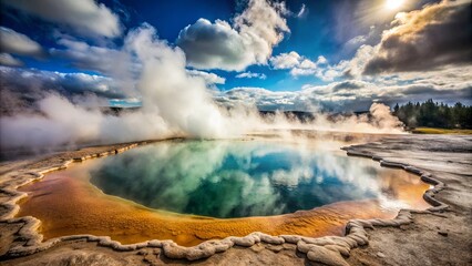 Steam rising from crack in geothermal hot spring
