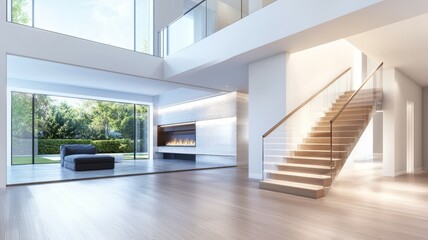 A large open living room with a fireplace and a staircase
