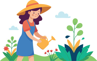 A woman is watering plants in a garden. She is wearing a blue dress and a straw hat