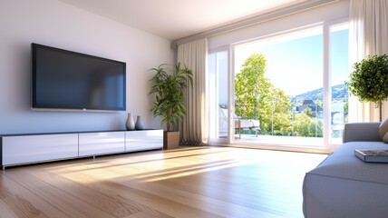 Fototapeta premium A living room with a large flat screen TV, a couch, and a potted plant