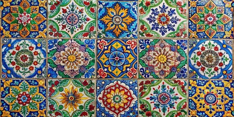 Colorful mosaic tiles with floral patterns on decorative surface