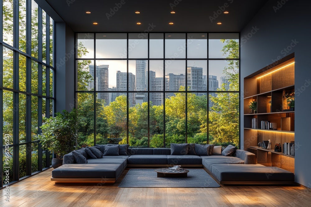 Poster Modern Living Room with City View