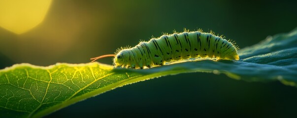 Naklejka premium Caterpillar on a leaf at sunrise, macro photography. Nature and wildlife concept