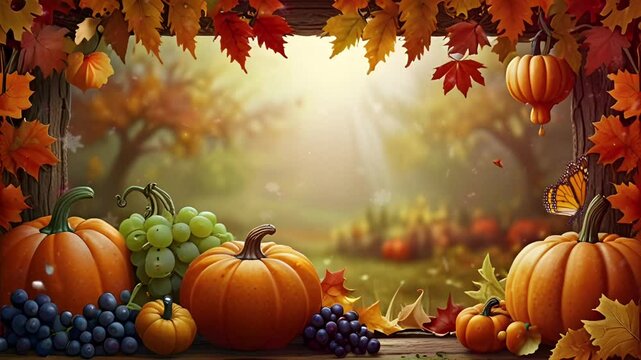 Autumn frame decorated with harvested pumpkins and grapes. Seamless 4K looping timelapse video animation background