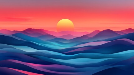 Sunset Over Wavy Abstract Mountains