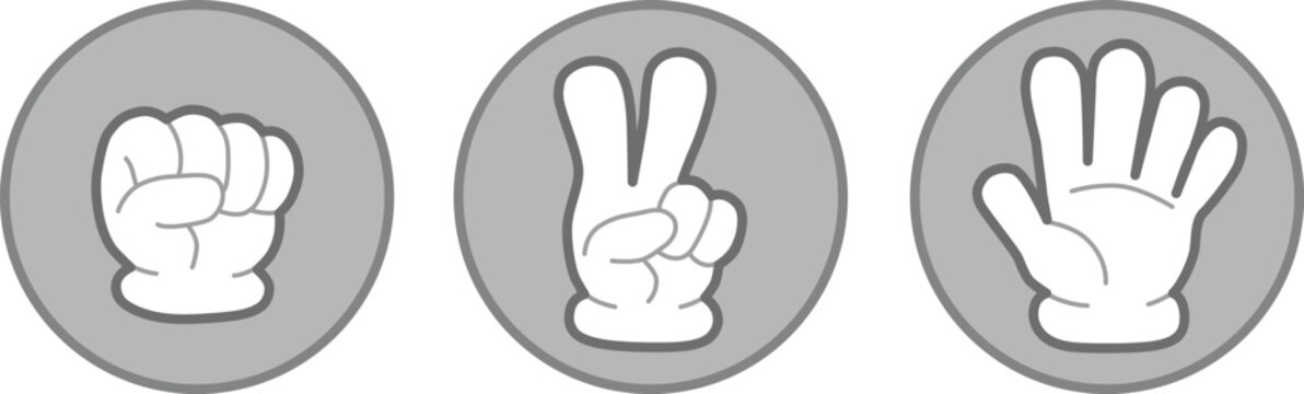 Rock, scissors, paper hand gesture icon set. grey color. Vector Illustration