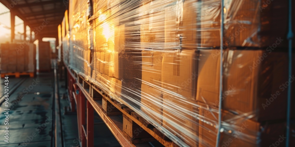 Poster loading package boxes wrapped in plastic onto pallets for container shipment at loading dock warehou