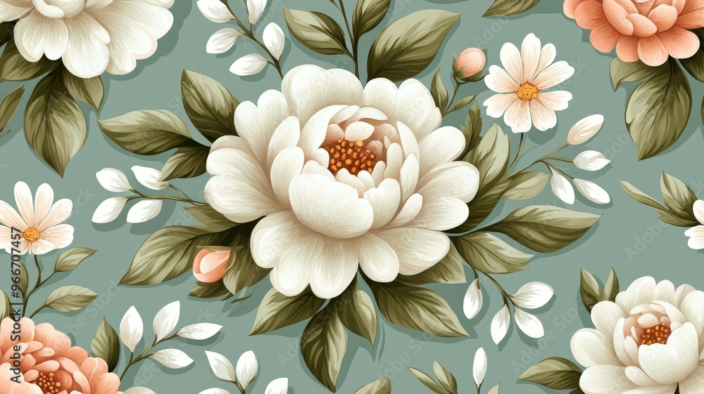 Wall mural A blue and white floral pattern with white flowers and green leaves