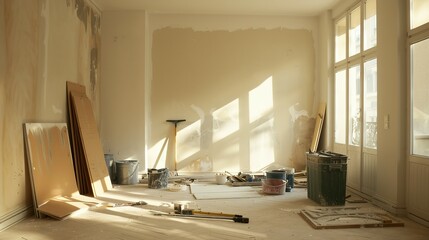 Process of Reconstruction and Improvement in Residential or Commercial Spaces: Empty Room with Painting Equipment, Brushes, and Colors for Wall Renovation During Home or Office Construction Project