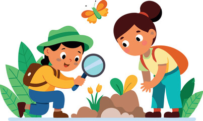 Two girls are looking at a plant with a magnifying glass. One girl is wearing a backpack