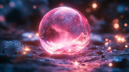 Naklejka premium A glowing pink sphere sits on a dark rocky surface, surrounded by shimmering lights.