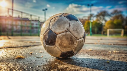 Close up of weathered soccer ball on worn football field , vintage, old, soccer, football, close up, detail, sports, equipment