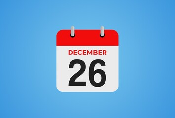 Icon calendar day. 26 December. 26th days of the month, illustration style. Date day of week Sunday, Monday, Tuesday, Wednesday, Thursday, Friday, Saturday.