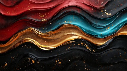 Abstract Liquid Art with Red, Teal, Gold, and Black Swirls