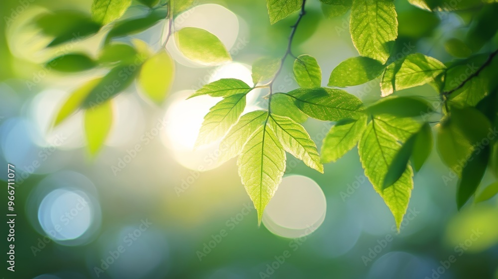 Poster sunlit green leaves with bokeh effect