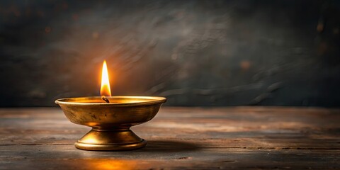 Warm and cozy atmosphere created by a lit oil lamp in a brass bowl against a dark background