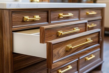 Open Drawer on a Wooden Dresser with Gold Handles