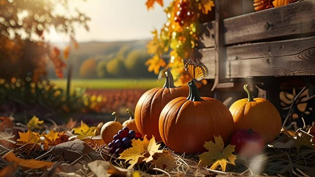 Autumn background with pumpkin and grape harvest decoration. Seamless 4K looping timelapse video animation background