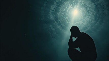 Silhouette man sitting down, he is sad, tired or thinking.  A Godly light shining down from the darkness 16:9