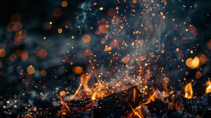 A close-up shot of a campfire with sparks rising and smoke swirling upwards.