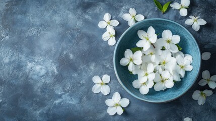 White Flowers in Blue Bowl on a Gray Background