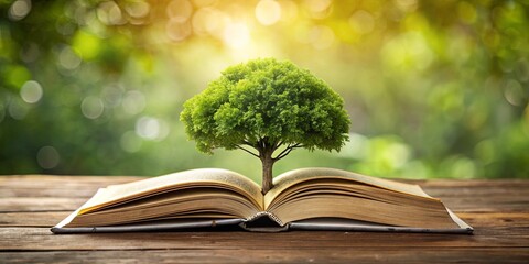An open book with a tree growing through it in a botanical garden