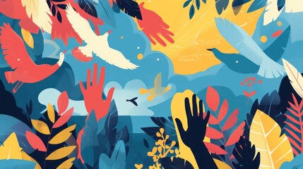 Abstract colorful hand and birds illustration.
