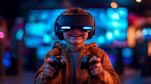 Young gamer navigates virtual reality: child plays with VR headset and motion controllers