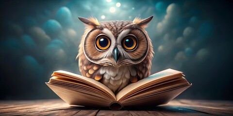 A whimsical image of an owl engrossed in a book, sporting oversized blue eyes
