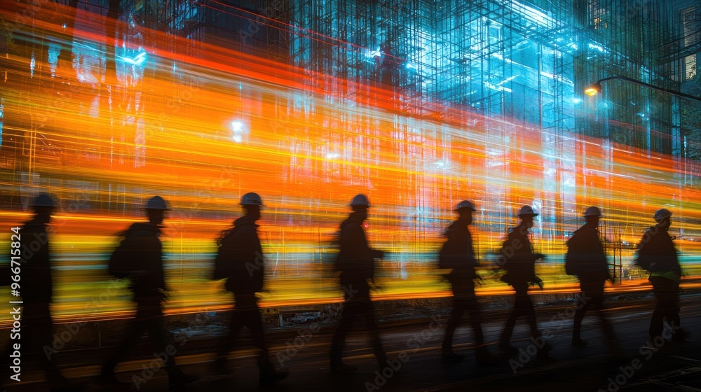 Wall mural Silhouettes of Workers Walking Through a Cityscape with Light Trails