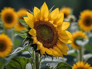 Naklejka premium beautiful sunflowers in close up shot during a clear day 