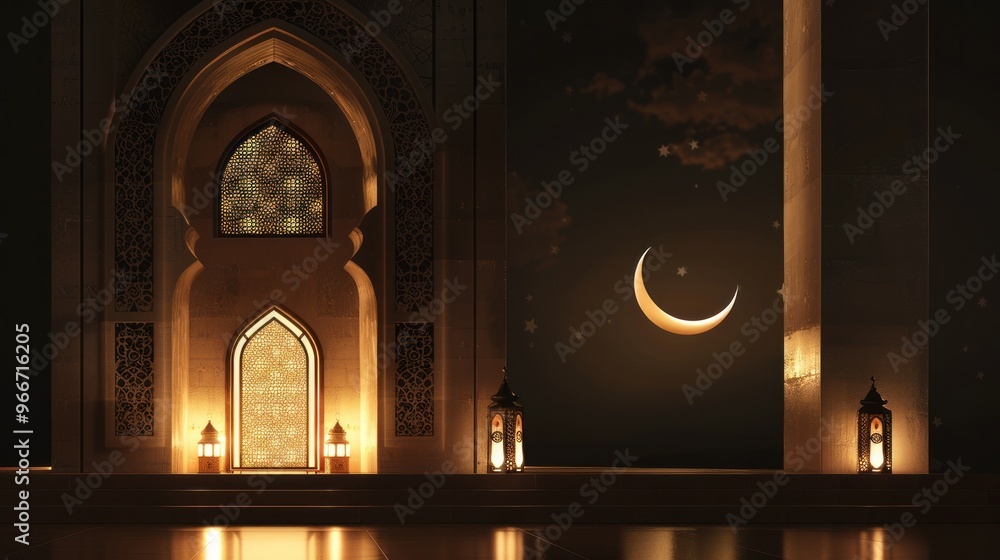 Sticker Crescent Moon and Stars Over Mosque