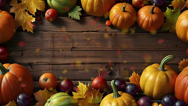 Autumn frame decorated with harvested pumpkins and grapes. Seamless 4K looping timelapse video animation background