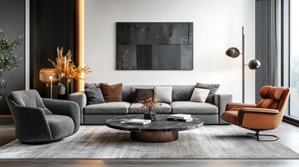 Modern living room interior design with a gray sofa, two armchairs, a coffee table, a floor lamp, and a picture on the wall.