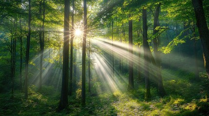 Bright rays illuminating a forest