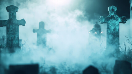 Spooky Cemetery Graveyard Crosses Foggy Night Halloween