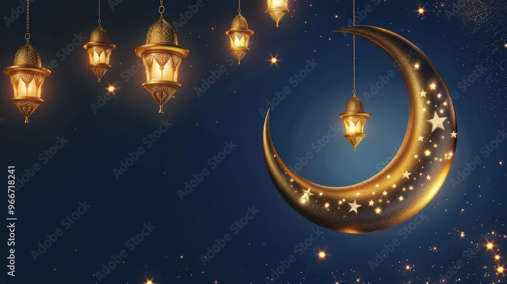 Wall mural Golden Crescent Moon and Lanterns in a Starry Night