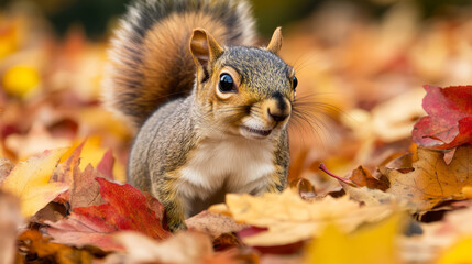 A Curious Squirrel Peeks Out From A Bed Of Vibrant Autumn Leaves. Its Bushy Tail And Sharp Eyes Are A Delight To Behold.