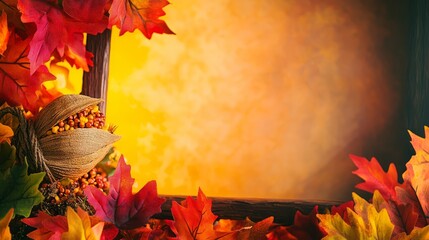 Autumn Leaves And A Wooden Frame With A Blurred Background For Your Text.  Perfect For A Fall Season Card Or Graphic.