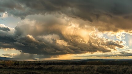 Layered Gray Stratocumulus Clouds Foretelling Intense Rain, with Sunlight Breaking Through