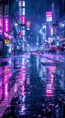 Obraz premium Neon Reflections in Rainy City Street.