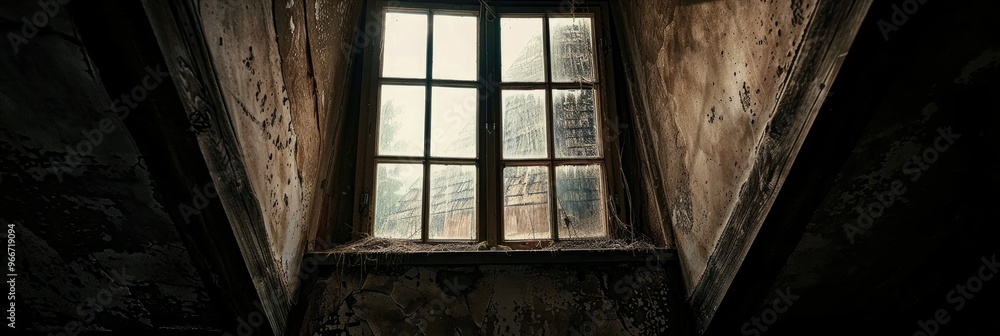 Poster interior of a deserted house featuring an unsettling window with mysterious light and shadows in a p