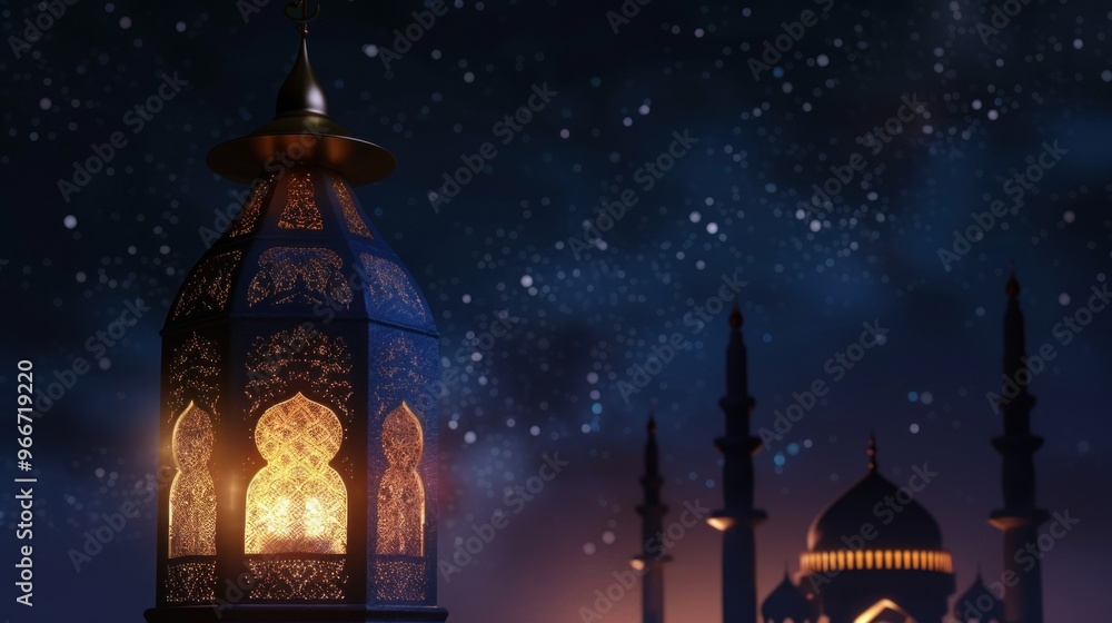 Wall mural Ramadan Lantern and Mosque Under Starry Sky