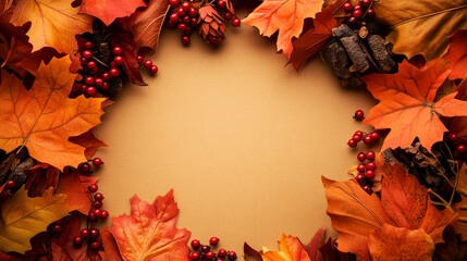 Autumn Leaves Border With Copy Space.  A Frame Of Red And Orange Leaves With Berries And Pinecones, Perfect For Seasonal Designs.