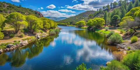 Fototapeta premium Lozoya River flowing into Pinilla reservoir surrounded by lush vegetation in spring at Guadarrama National Park